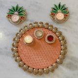 Reversible Orange & Gold Aarti Thali with Green Lotus T Lights