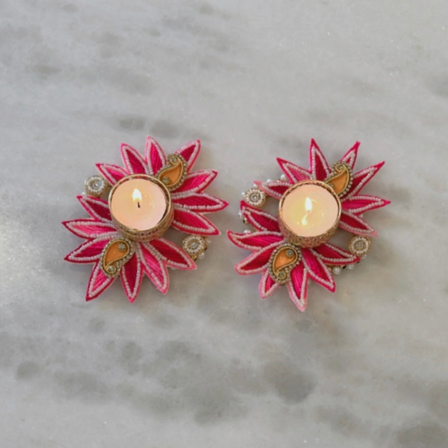 Pink Dual Lotus Diyas (Set of 2)