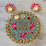 Teal Blue & Pink Lotus Aarti Thali