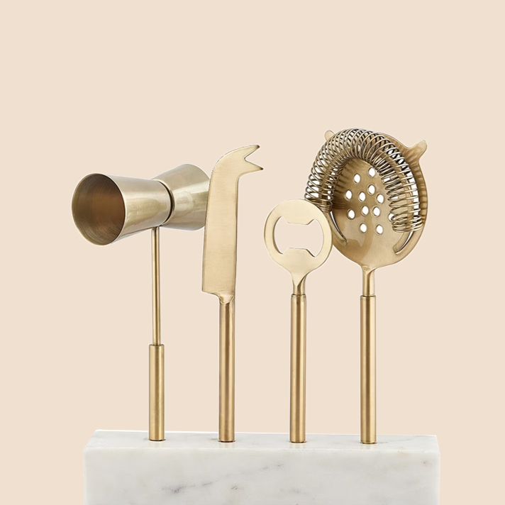 Gold Bar Accessories with Marble Stand (Set of 4)