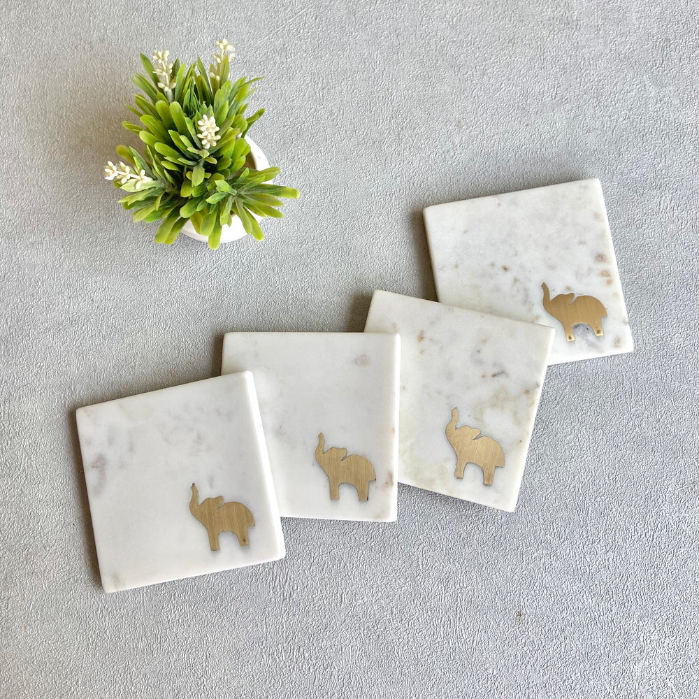 Orion Marble & Brass Elephant Coasters (Set of 4)