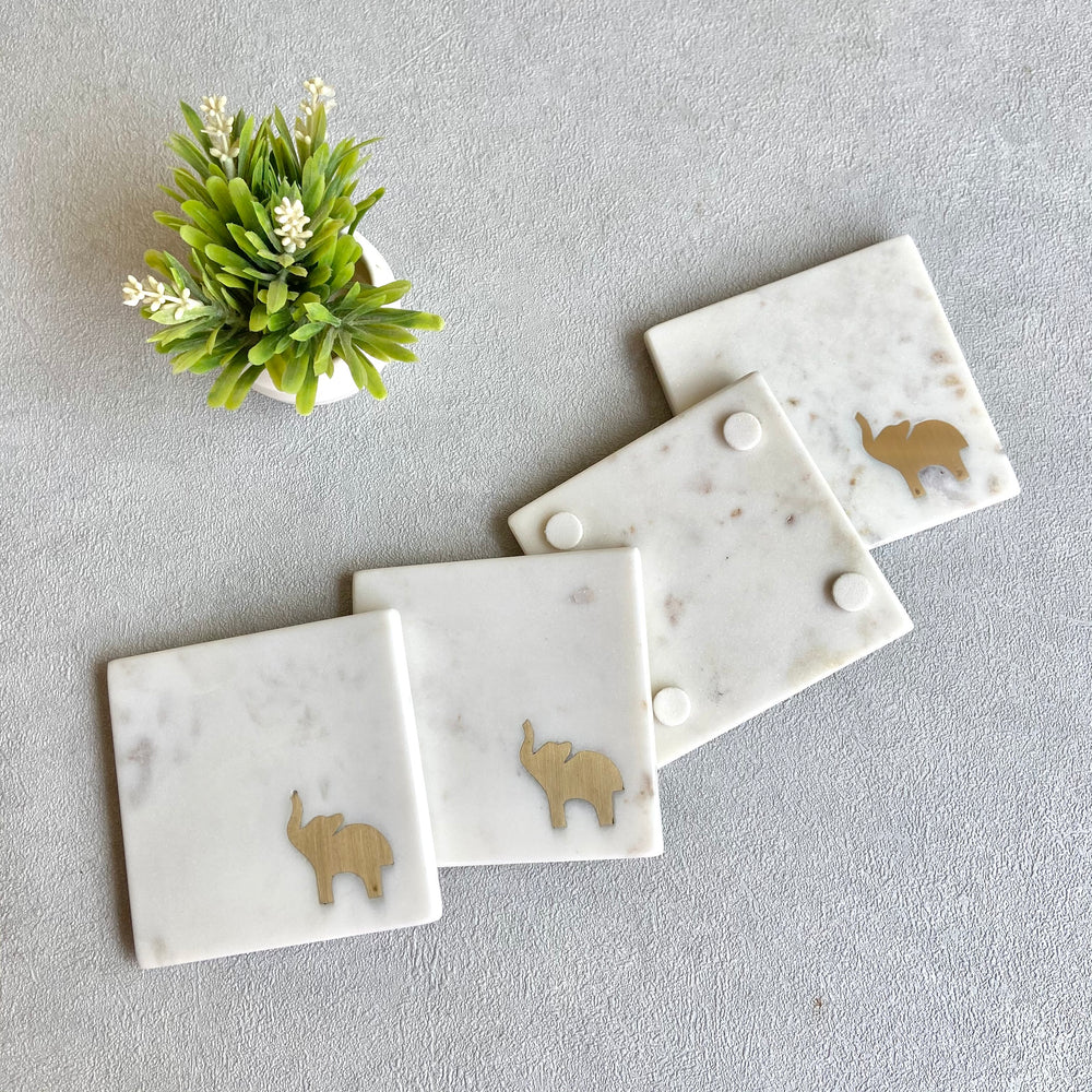 Orion Marble & Brass Elephant Coasters (Set of 4)